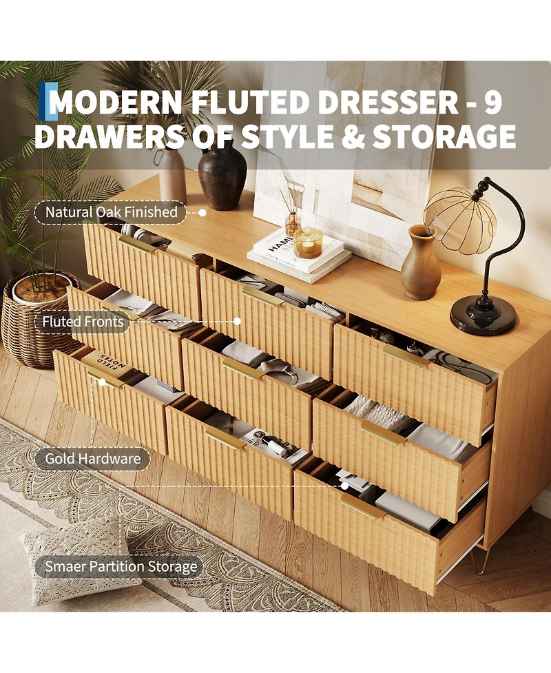 homfan Fluted 9-Drawer Bedroom Dresser, 63" Wide Modern Wooden Chest with Metal Handle,Clothes Storage Organizer, Tv Stand for Living Room, Hallway