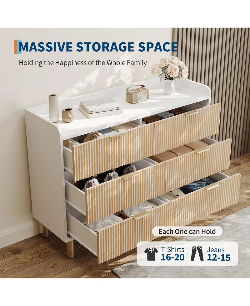 homfan Dresser for Bedroom, Fluted Wood Double Dresser with Metal Handles Curved Design Storage Organizer Cabinet, Wood Storage Double for Bedroom