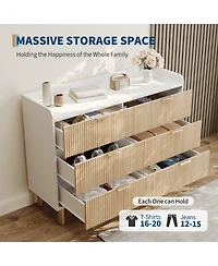 homfan Dresser for Bedroom, Fluted Wood Double Dresser with Metal Handles Curved Design Storage Organizer Cabinet, Wood Storage Double for Bedroom