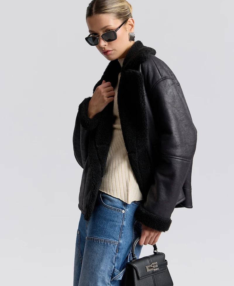 Avec Les Filles Women's Collared Faux Shearling Coat