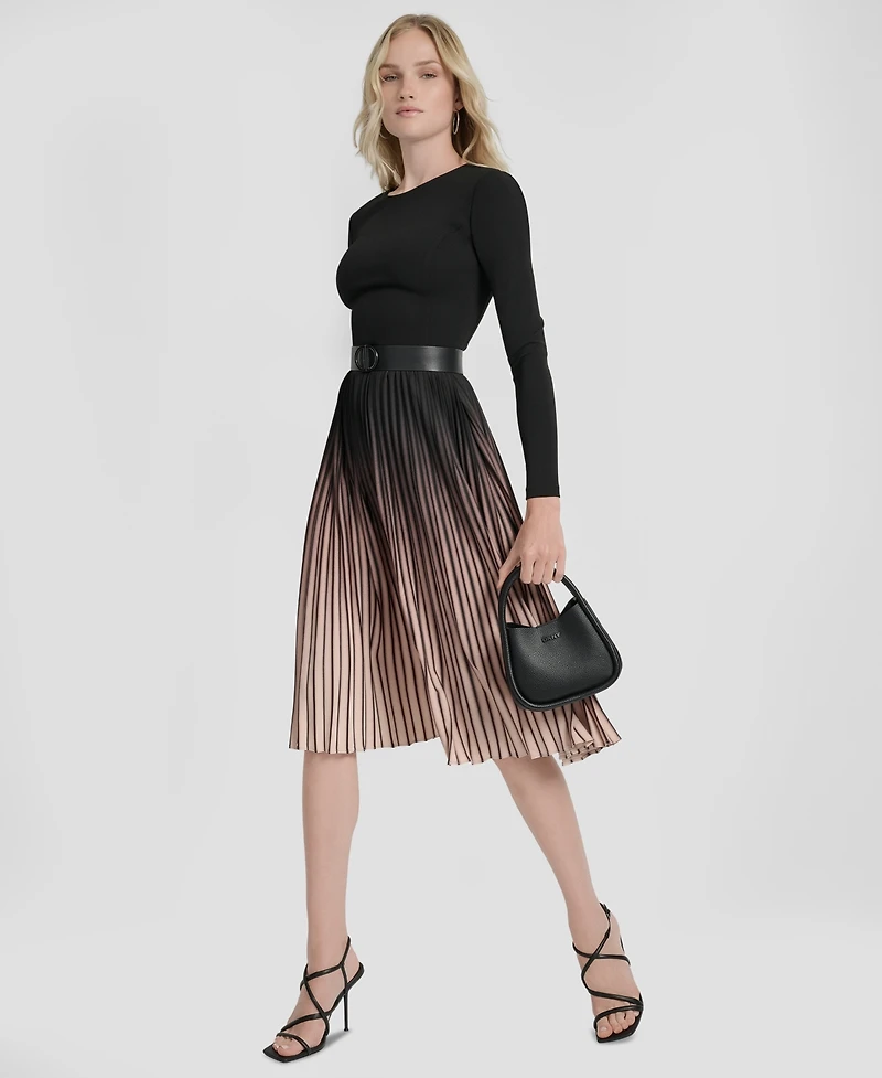 Dkny Women's Pleated Jewel Neck Belted Midi Dress
