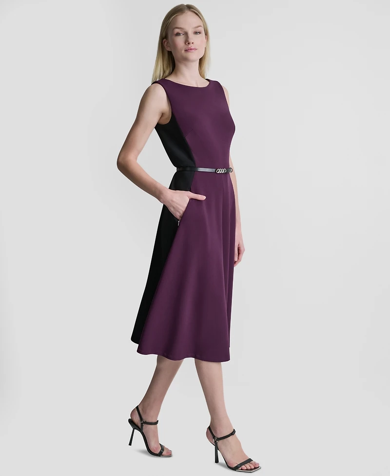 Dkny Women's Sleeveless Boat Neck Belted Midi Dress
