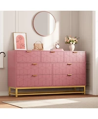 homfan Wide Dresser for Bedroom, Modern 7 Chest of Drawers Triple Dresser with Gold Accents, Long Storage Organizer for Tv Stand and Closet