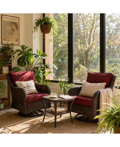 homfan Piece Outdoor Wicker Bistro Set, Swivel Rocker Chairs with Cushions and Glass Table for Patio or Garden