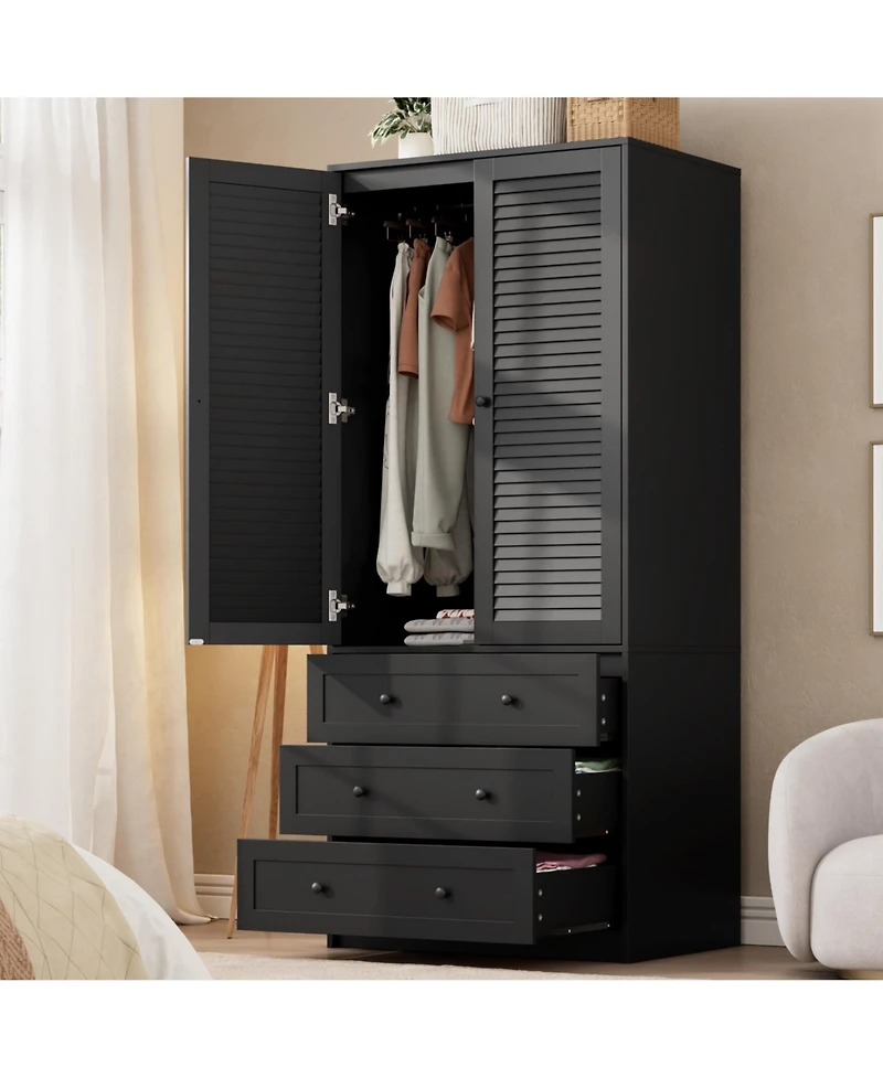 homfan Wooden Wardrobe Armoire with Drawers, 69 Inch Wood Closet 2 Doors and Hanging Rod for Bedroom