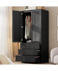 homfan Wooden Wardrobe Armoire with Drawers, 69 Inch Wood Closet 2 Doors and Hanging Rod for Bedroom