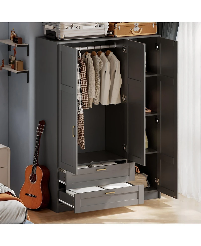 homfan Modern Wooden Wardrobe Closet with 3 Doors, 2 Drawers and Multiple Shelves, Spacious Bedroom Armoire for Clothing Storage, Freestanding Design