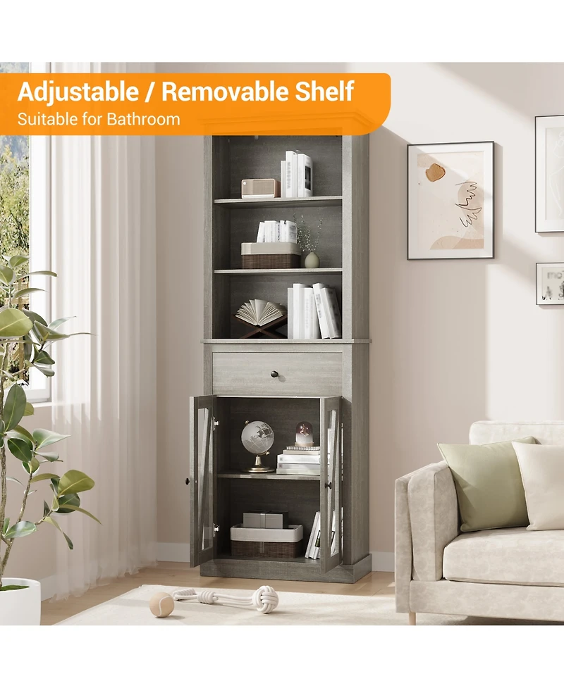 homfan Tall Mid-Century Pantry Cabinet with Open Shelves, Drawer and Glass Door Cabinet, Barn Door Design, Engineered Wood, Slim Space-Saving Storage
