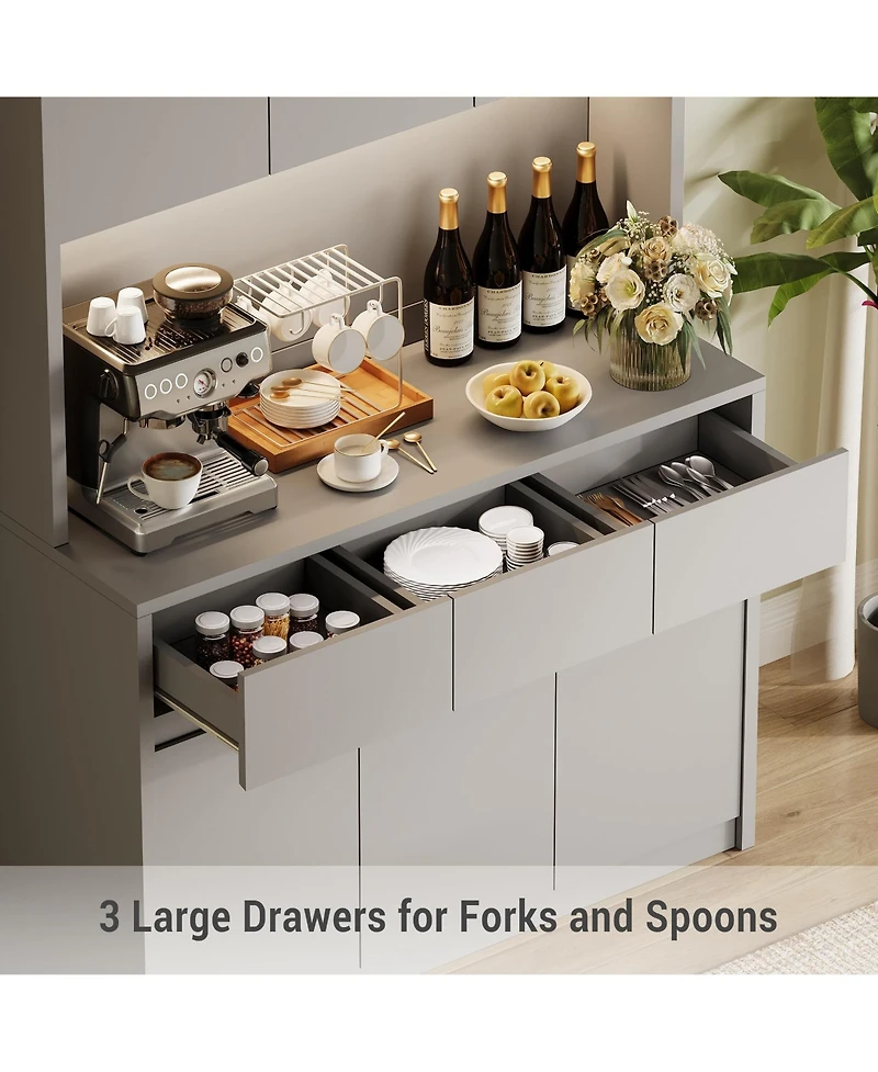 homfan Tall Kitchen Pantry Cabinet with Led Lights and Power Outlets – Adjustable Shelves, Handless Doors, Microwave Stand, Storage Hutch