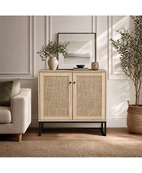 homfan Rattan Double Door Storage Cabinet, Boho Accent Cabinet with Shelves for Living Room Entryway Dining Room