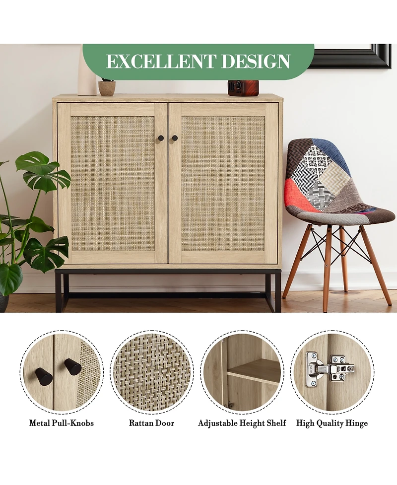 homfan Rattan Double Door Storage Cabinet, Boho Accent Cabinet with Shelves for Living Room Entryway Dining Room