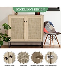 homfan Rattan Double Door Storage Cabinet, Boho Accent Cabinet with Shelves for Living Room Entryway Dining Room
