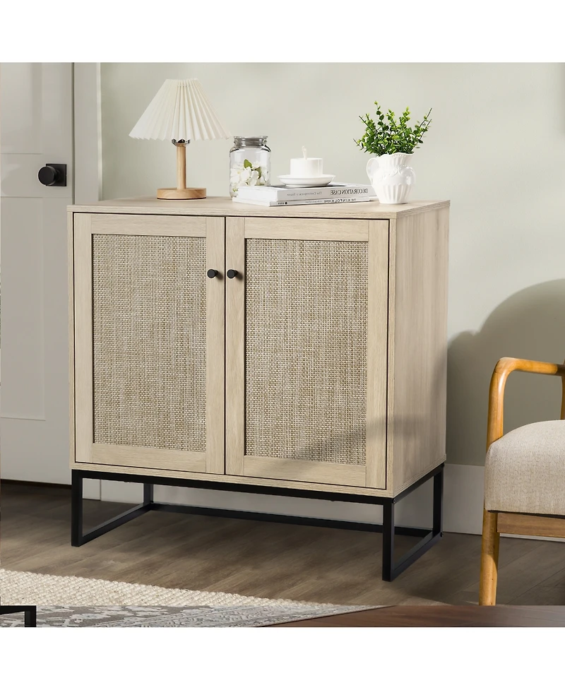 homfan Rattan Double Door Storage Cabinet, Boho Accent Cabinet with Shelves for Living Room Entryway Dining Room