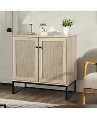 homfan Rattan Double Door Storage Cabinet, Boho Accent Cabinet with Shelves for Living Room Entryway Dining Room