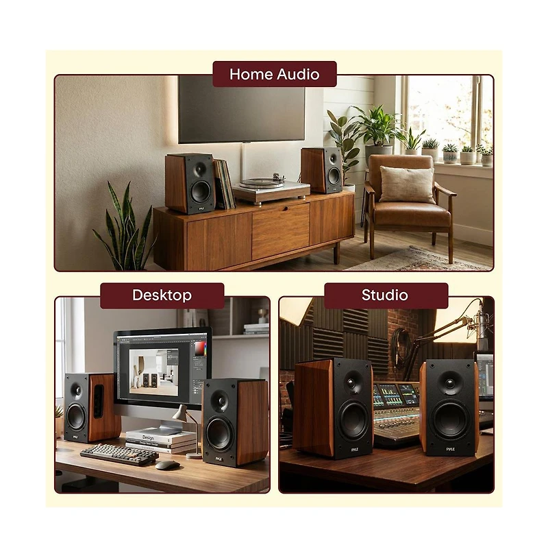 Pyle Powered Bookshelf Speakers with Bluetooth, 80W Stereo Audio System, Arc, Optical and Subwoofer Output Pair