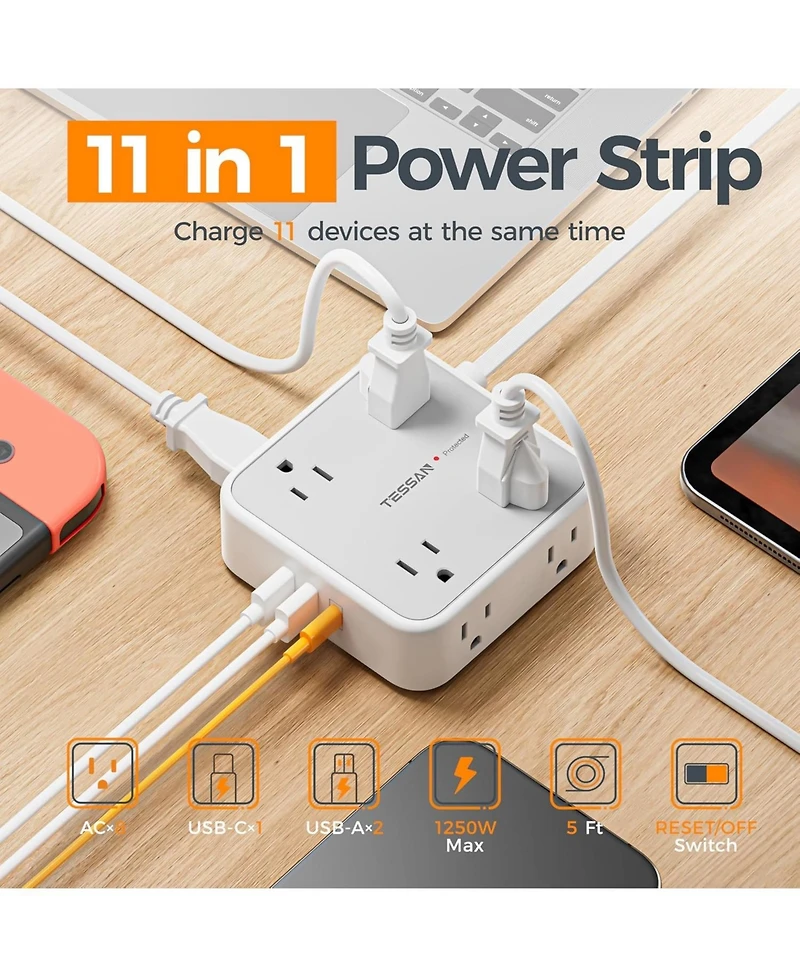 Tessan Surge Protector Power Strip, 5 Feet t Flat Plug Extension Cord with 3 Usb (1 Usb C) 8 Outlets, 1250W, 900J Protection, 3 Sided Outlet Extender