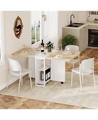 homfan Folding Drop Leaf Table, 2-Tier Storage Shelf with Lockable Casters, Heavy Duty Multi-use Home Dining and Writing Desk