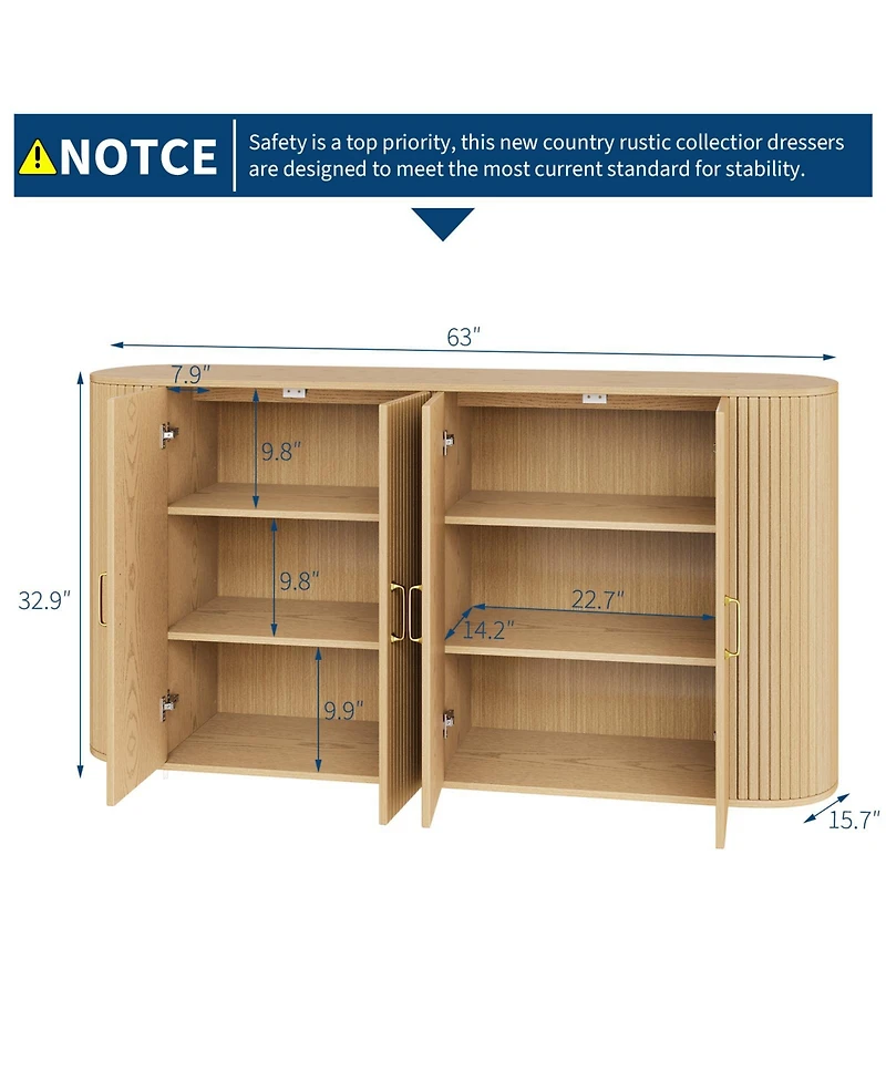 homfan Modern Large Storage Sideboard Buffet Cabinet, Curved Wooden Design, 4 Fold Doors, Console for Dining Room, Kitchen, Living Room