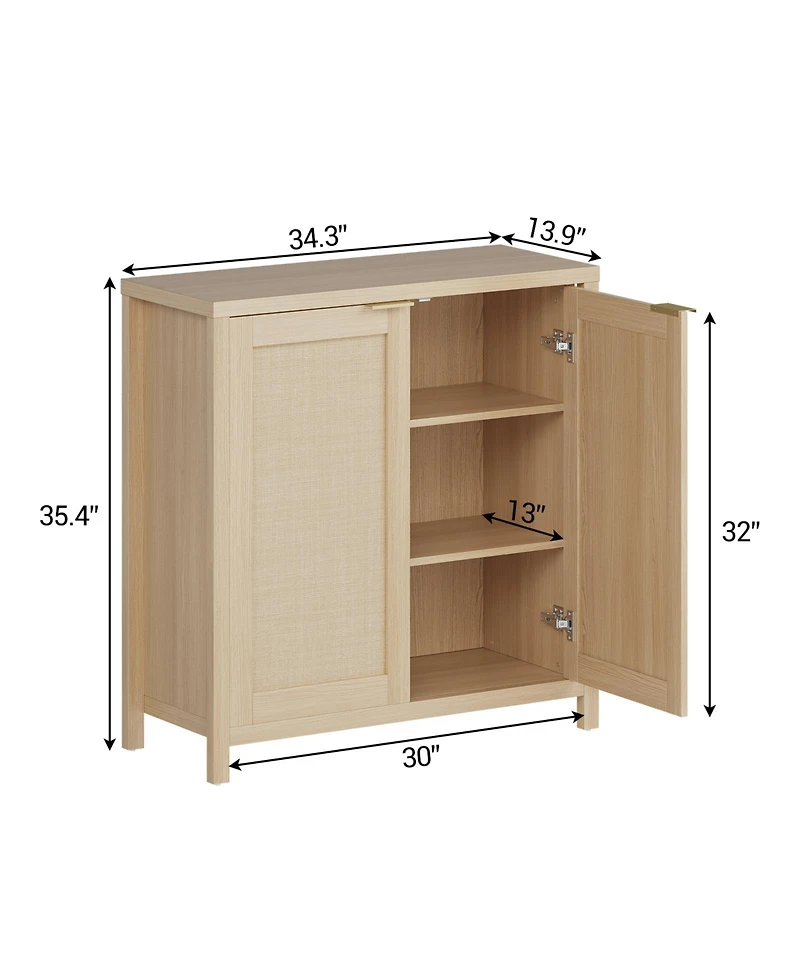 homfan Modern Rattan Storage Cabinet, 2 Doors, Adjustable Shelves, Hidden Gold Handles, Freestanding Entryway Sideboard for Kitchen, Dining Room