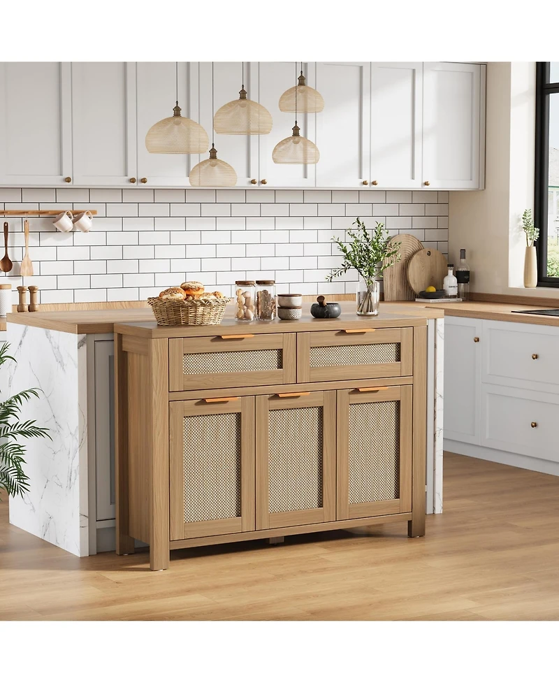 homfan Rattan Buffet Sideboard Cabinet, Coffee Bar Cabinet with 3 Drawers, Boho Kitchen Accent Storage for Dining Room, Living Entryway