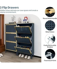 Rainsken Rattan Shoe Cabinet, Freestanding Shoe Rack with 3 Flip Drawers and Metal Legs, Shoe Storage Organizer for Entrance, Entryway and Hallway