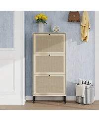 Rainsken Rattan 3 Door Shoe Rack, Freestanding Shoe Storage Cabinet with Metal Base and Anti-Slip Feet, Anti-Tipping Design for Entryway
