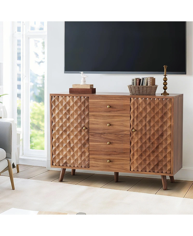 homfan Versatile Storage Sideboard Buffet Cabinet - Fluted Design, Sliding Door, Adjustable Shelf - Dining Room, Kitchen, Hallway Organizer