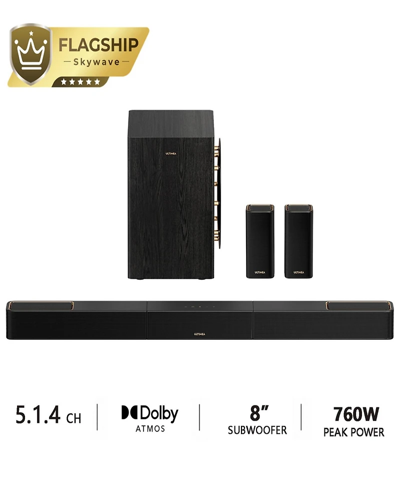 Ultimea Skywave Series 5.1.4ch Wireless Surround Sound System, 760W Dolby Atmos Sound Bar with 8" Subwoofer,2 Wireless Surround Speakers