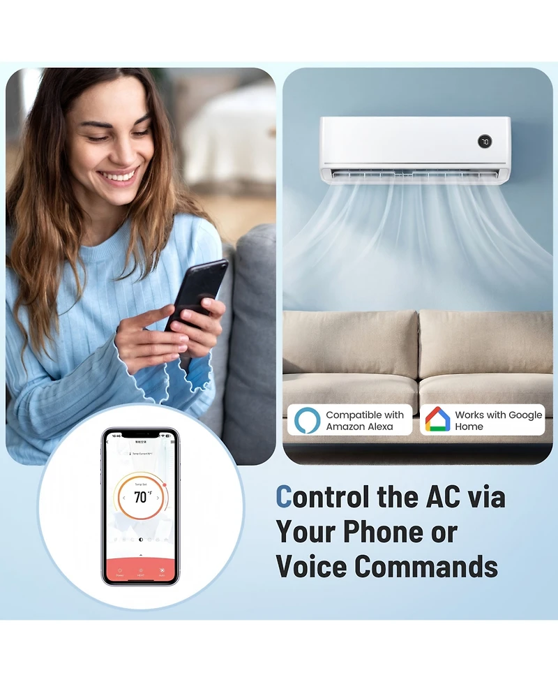 18000 Btu 18.1 SEER2 208/230V Wifi Mini Split Air Conditioner with Alexa