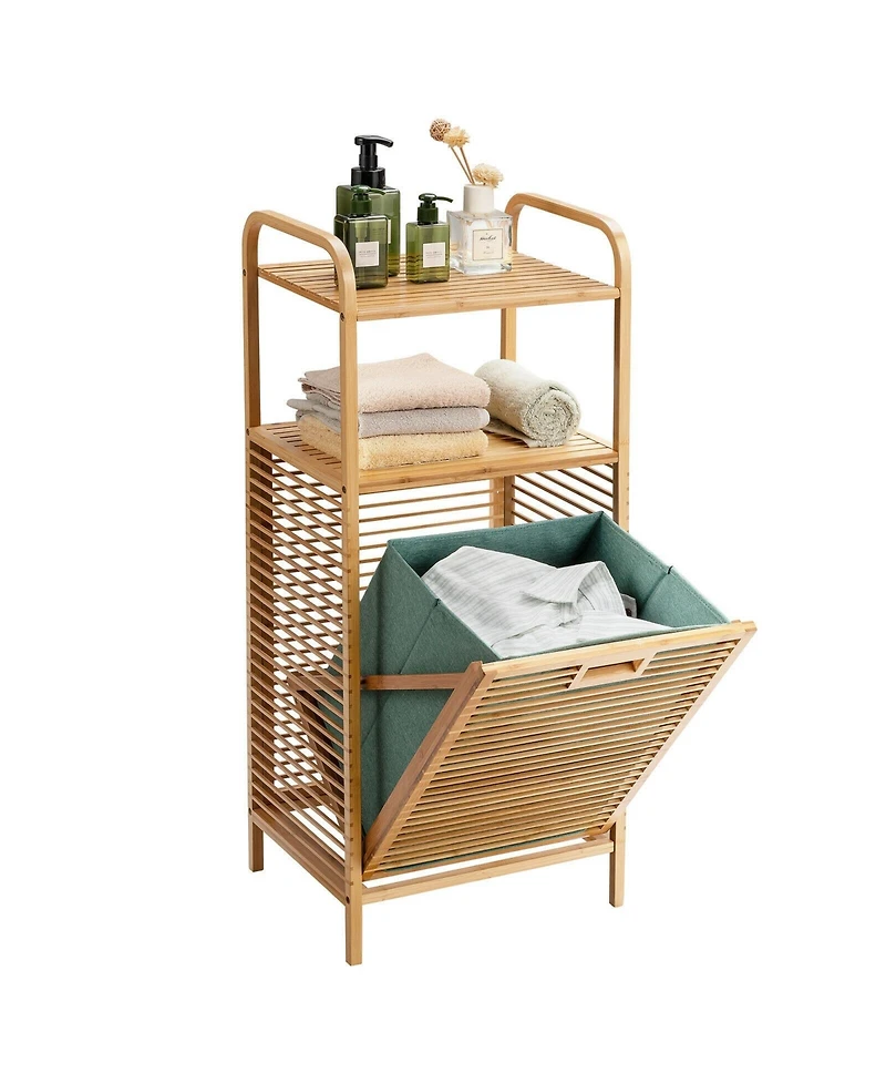 sumyeg Tilt-Out Bamboo Laundry Hamper with 2-Tier Shelf and Removable Liner