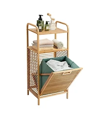 sumyeg Tilt-Out Bamboo Laundry Hamper with 2-Tier Shelf and Removable Liner