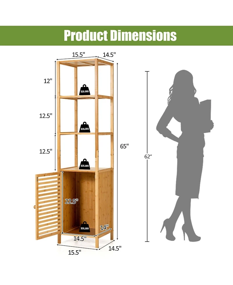 sumyeg 4-Tier Slim Bamboo Floor Storage Cabinet with Shutter Door and Anti-Tip Kit