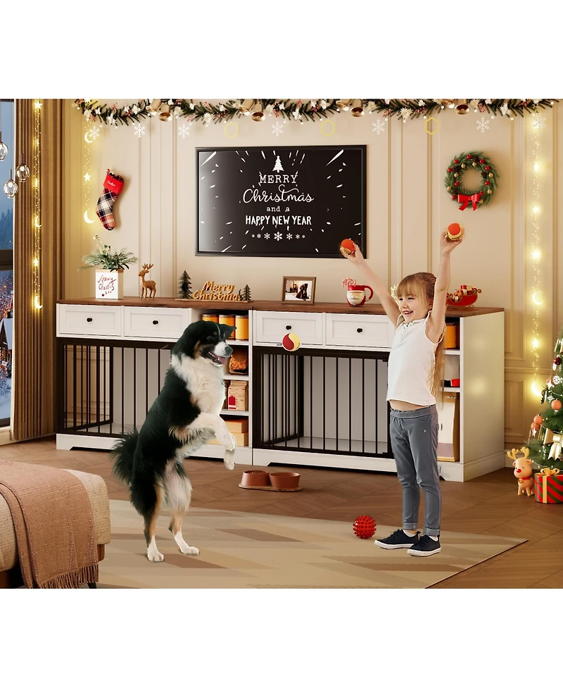 homfan Furniture-Style Dog Crate End Table or Tv Stand, Engineered Wood and Reinforced Iron Bar Pet Cage with Storage, Easy Assembly