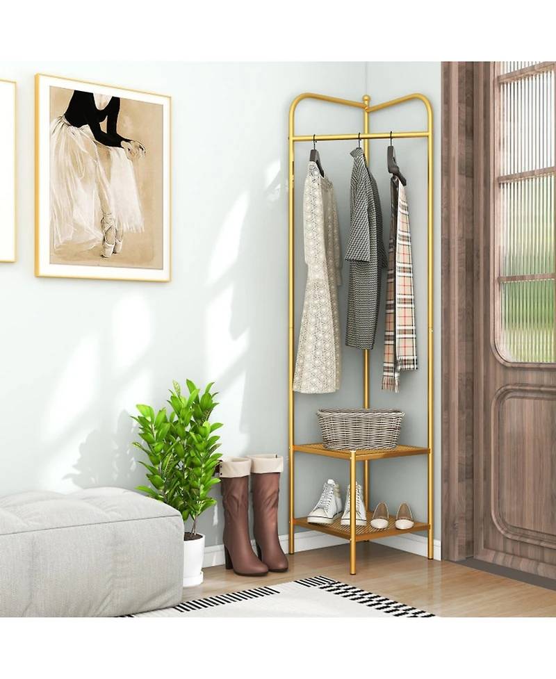 Gouun Corner Coat Rack with Top Hanger and 2 Mesh Shoe Shelves