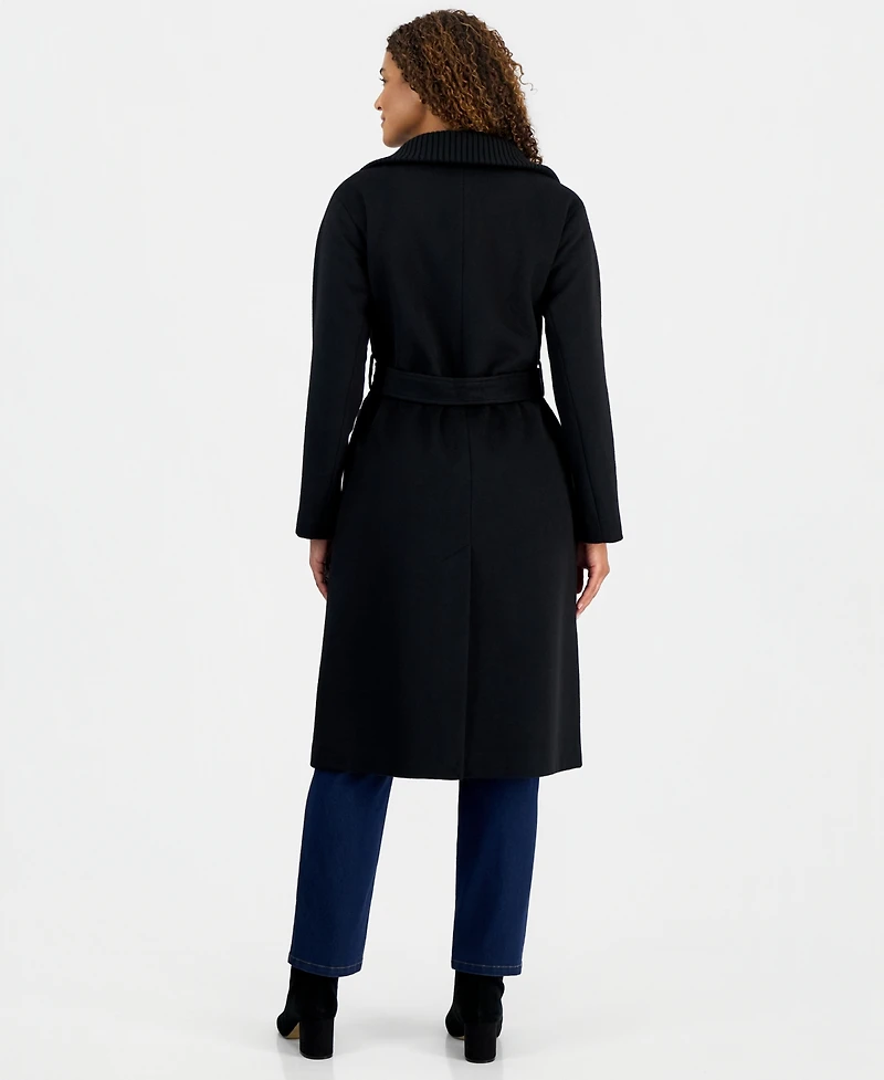 Calvin Klein Women's Belted Knit-Collar Textured Coat
