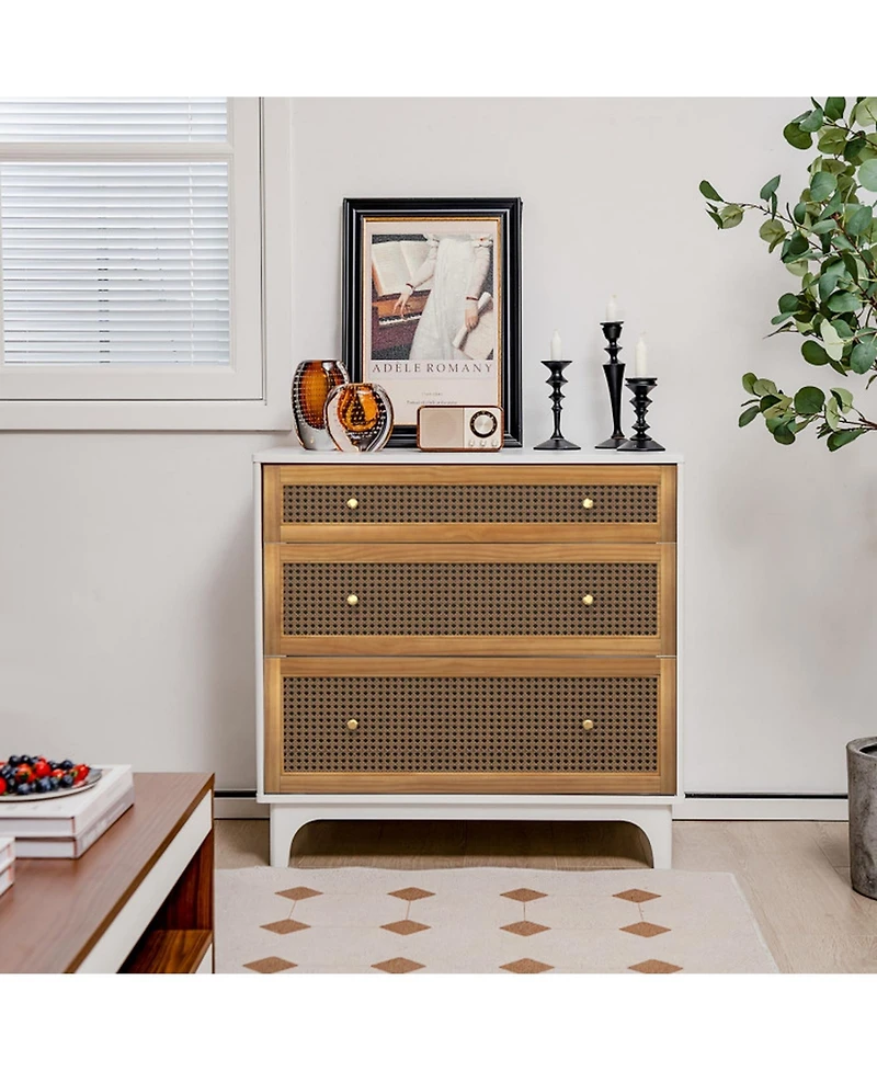 Gouun 3-Drawer Rattan Dresser Chest with Anti-Toppling Device