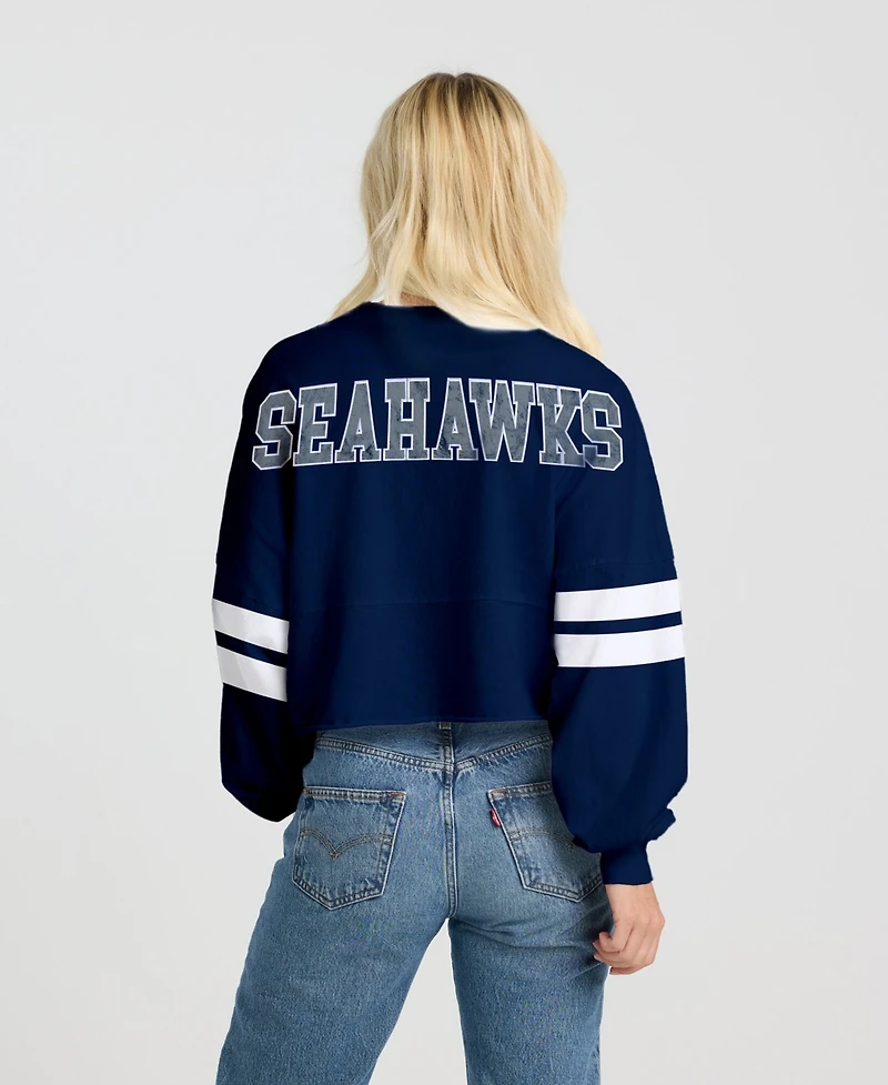 Spirit Jersey Women's College Navy Seattle Seahawks Oversized Cropped Stripe Long Sleeve T-Shirt