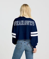 Spirit Jersey Women's College Navy Seattle Seahawks Oversized Cropped Stripe Long Sleeve T-Shirt