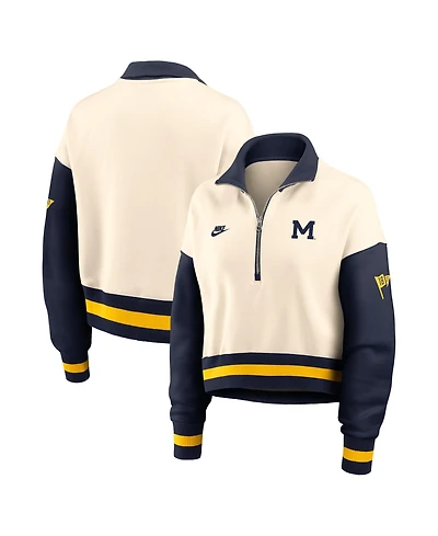 Nike Women's Natural/Navy Michigan Wolverines Oversized Legacy Color Block Cropped Quarter-Zip Pullover Sweatshirt