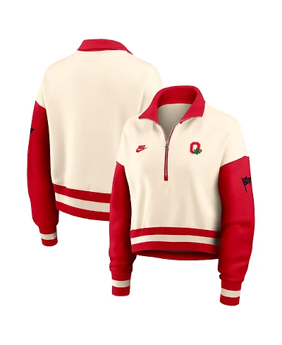 Nike Women's Natural/Scarlet Ohio State Buckeyes Oversized Legacy Color Block Cropped Quarter-Zip Pullover Sweatshirt