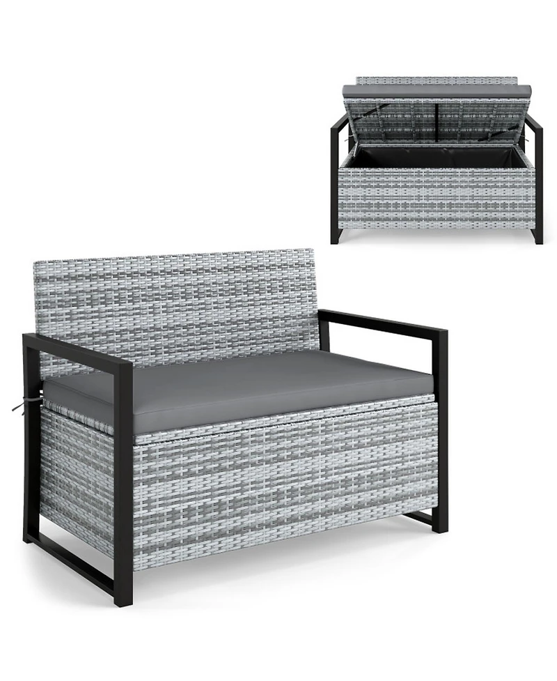 Gouun Outdoor Wicker Storage Bench Loveseat with Hidden Compartment
