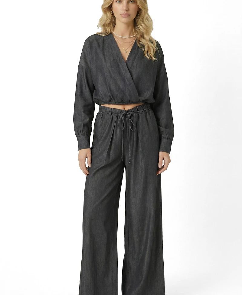 Modenaire Women's Relaxed Drawstring Wide-Leg Collared Lounge Set