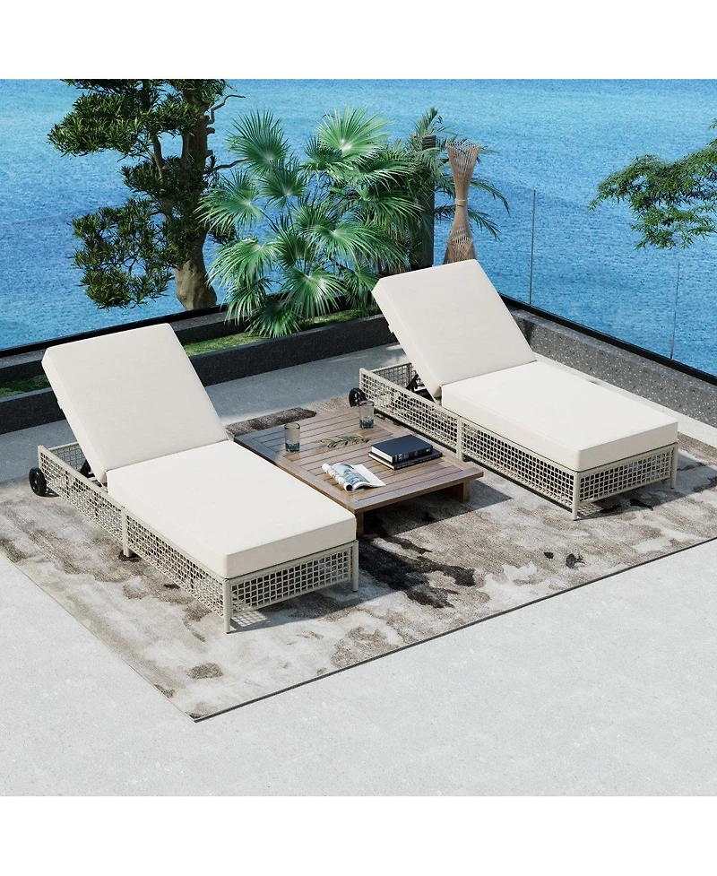 Asagikoiai Set of 2 Outdoor Rattan Chaise Lounges with Wheels, 5-Position Adjustable Patio Loungers
