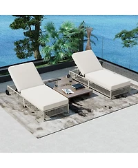 Asagikoiai Set of 2 Outdoor Rattan Chaise Lounges with Wheels, 5-Position Adjustable Patio Loungers