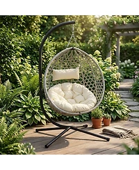 Asagikoiai Folding Pe Rattan Outdoor Hanging Egg Chair with Stand, Patio Hammock Swing