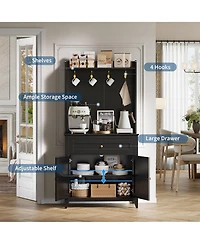 homfan Pantry Storage Cabinet with Built Outlets and Usb Ports, Adjustable Shelving, Drawer Hooks Durable Kitchen Coffee Bar Organizer