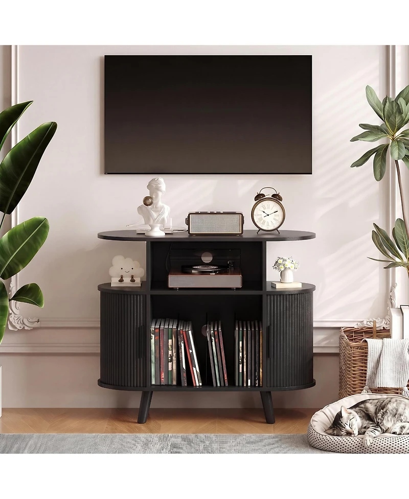 homfan Mid-Century Fluted Turntable Cabinet, 35 Inch Arched Record Player Stand with Charging Station and Display Shelf