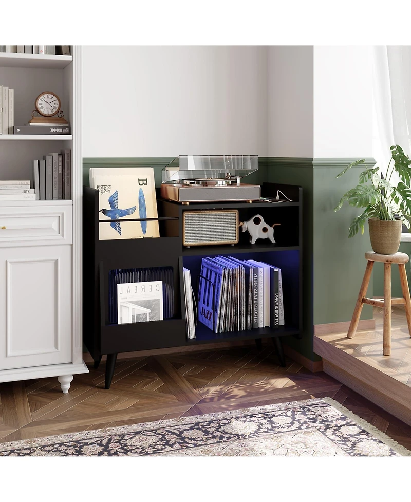 homfan Record Player Stand with Led Lights, Charging Station and Sliding Door, Holds Up to 350 Vinyl Albums