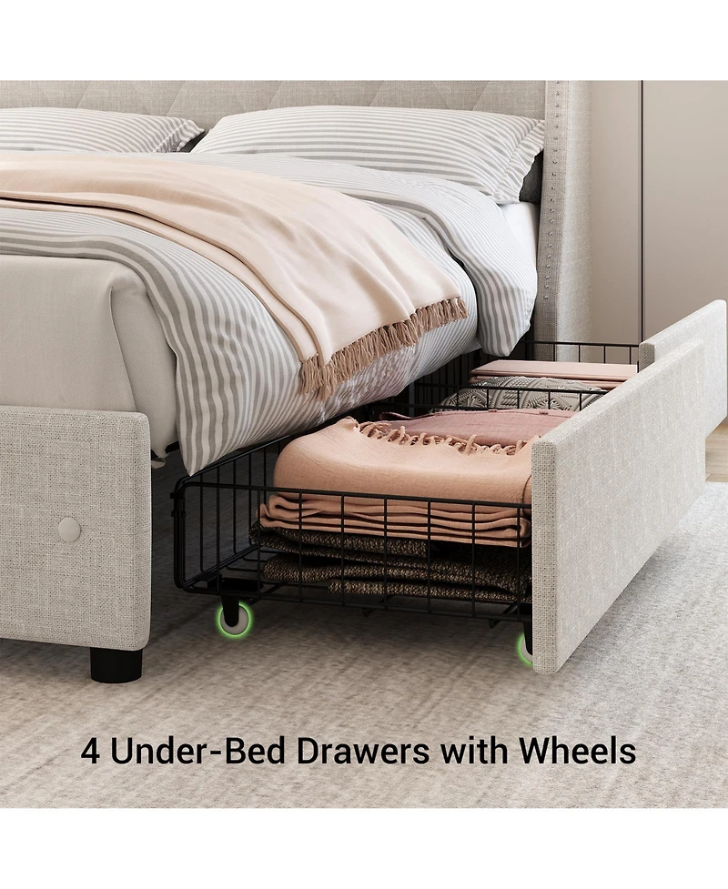 homfan Full Upholstered Bed Frame with 4 Storage Drawers, Headboard Storage Shelf, Charging Station and Wingback, No Box Spring Needed