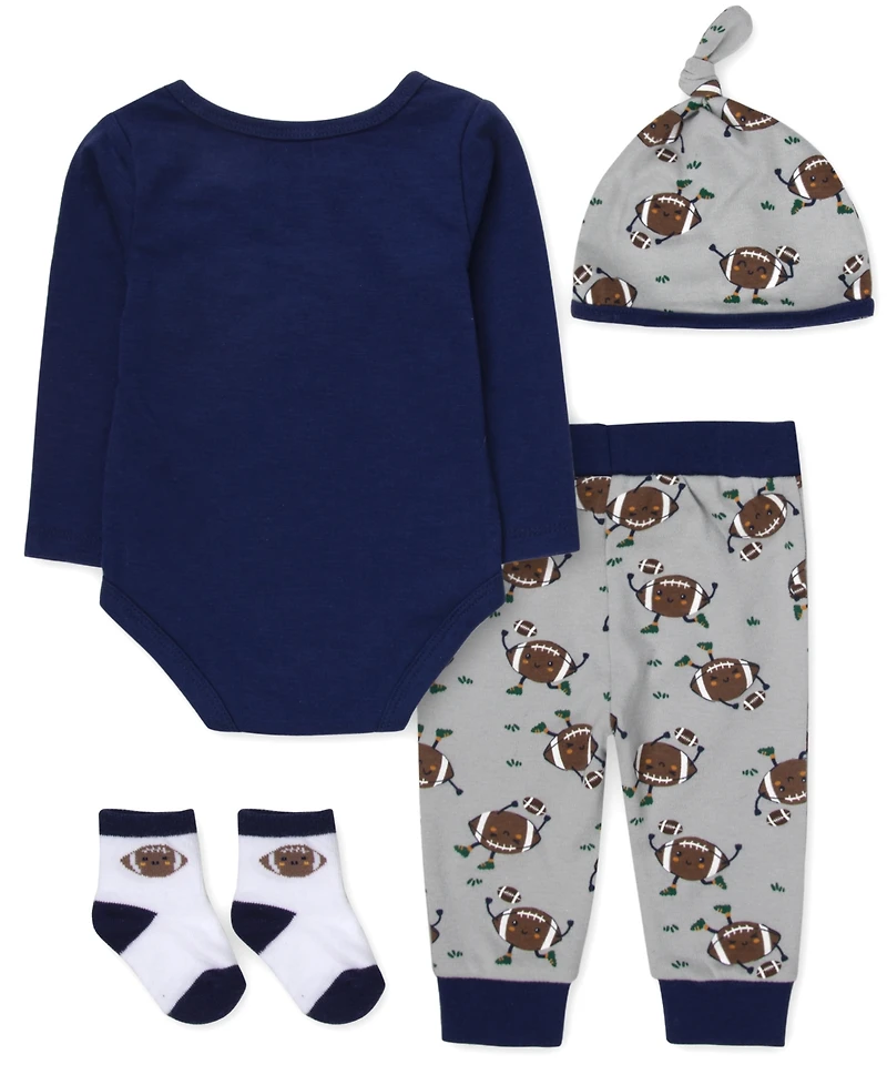 Baby Essentials Boys' Mommy and Football Bodysuit, Jogger Pants, Socks Hat, 4-Piece Set